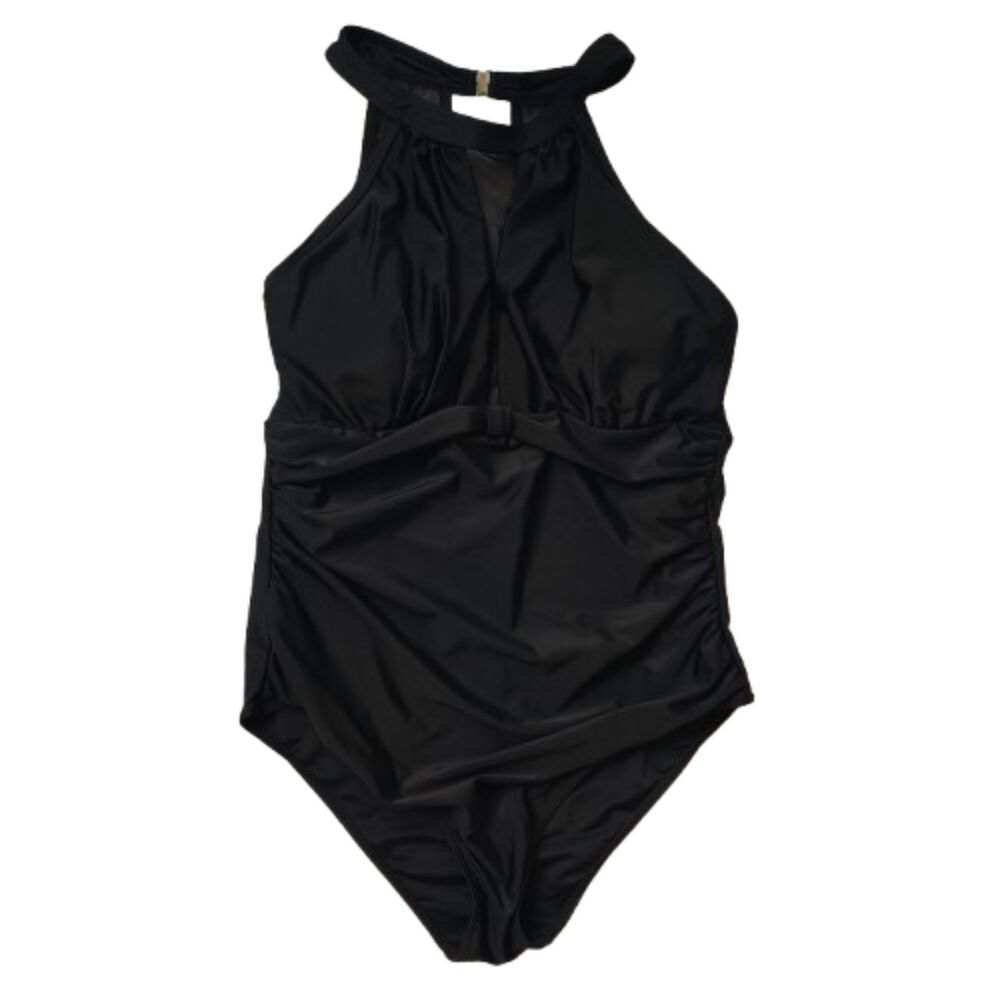 Tempt Me Women's L Black High Neck Plunge Mesh One Piece Swimsuit Bathing Suit